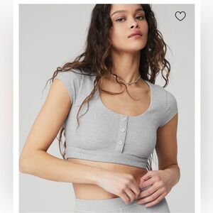 ALO Yoga Blissful Henley Bra Top - Athletic Heather Gray - Medium